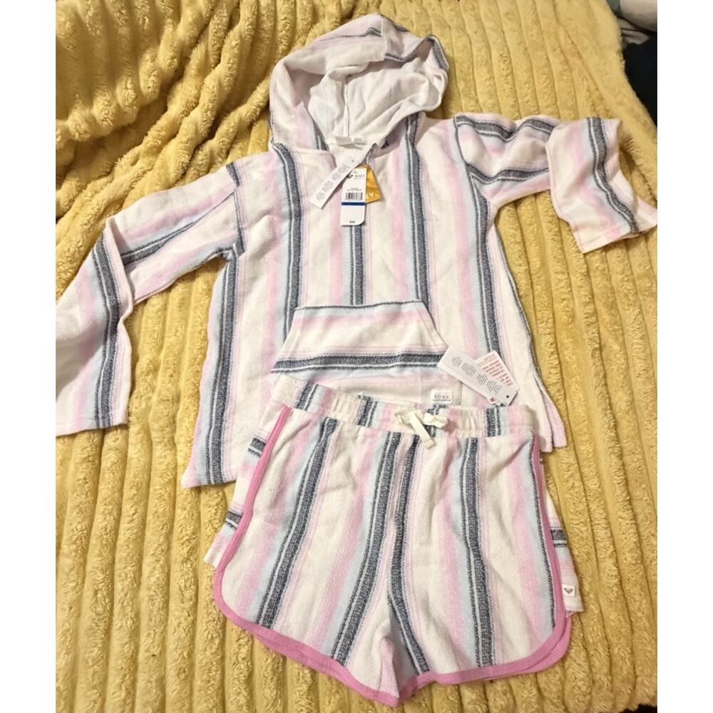 NWT Big Girls ROXY Daydreamin Striped Terry Baja Hoodie & Shorts Size 16